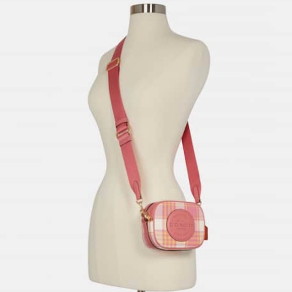 NWT Coach Mini Dempsey Camera Bag With Garden Plaid Print & Patch In Gold/Taffy - Picture 4 of 13